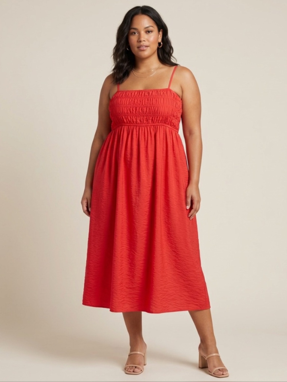 A New Day Red Smocked Midi Dress Womens Large Pockets Casual Summer‎